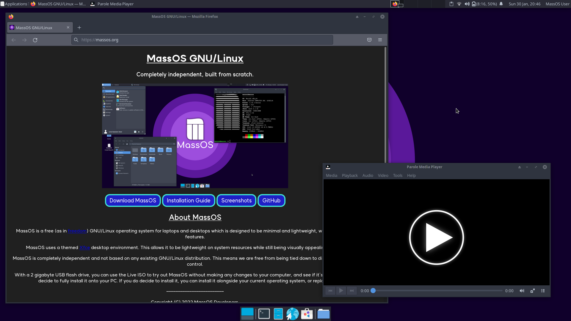 Screenshot of Mozilla Firefox and Parole Media Player on MassOS.